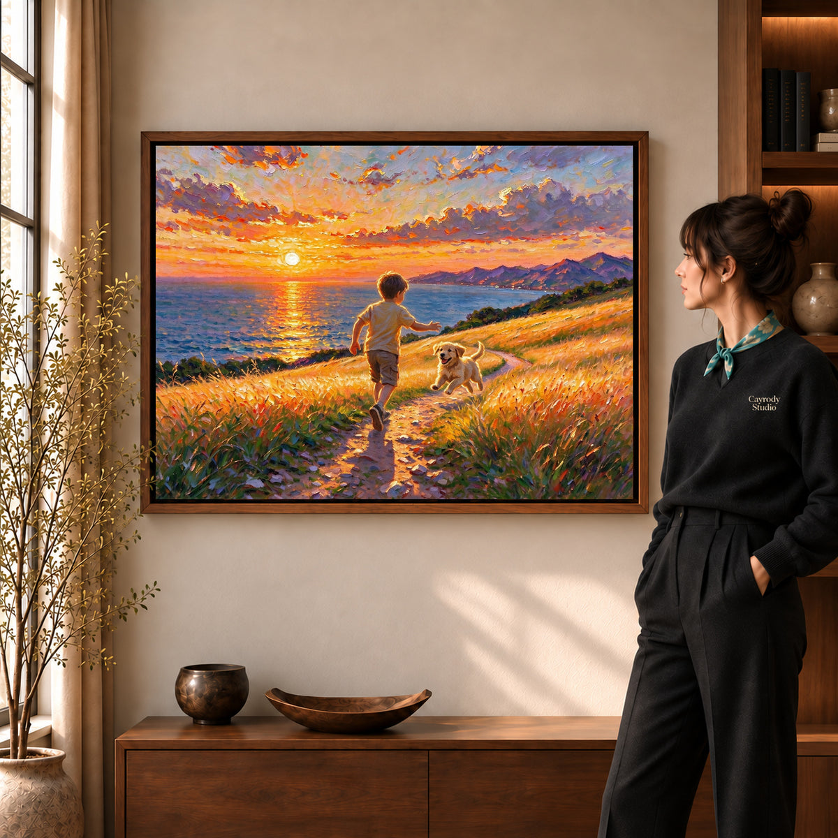 Walnut framed golden coastal run artwork scene assigned to all six walnut framed canvas sizes.