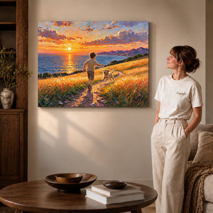 Gallery wrapped golden coastal run artwork scene assigned to all six unframed wrapped canvas sizes.