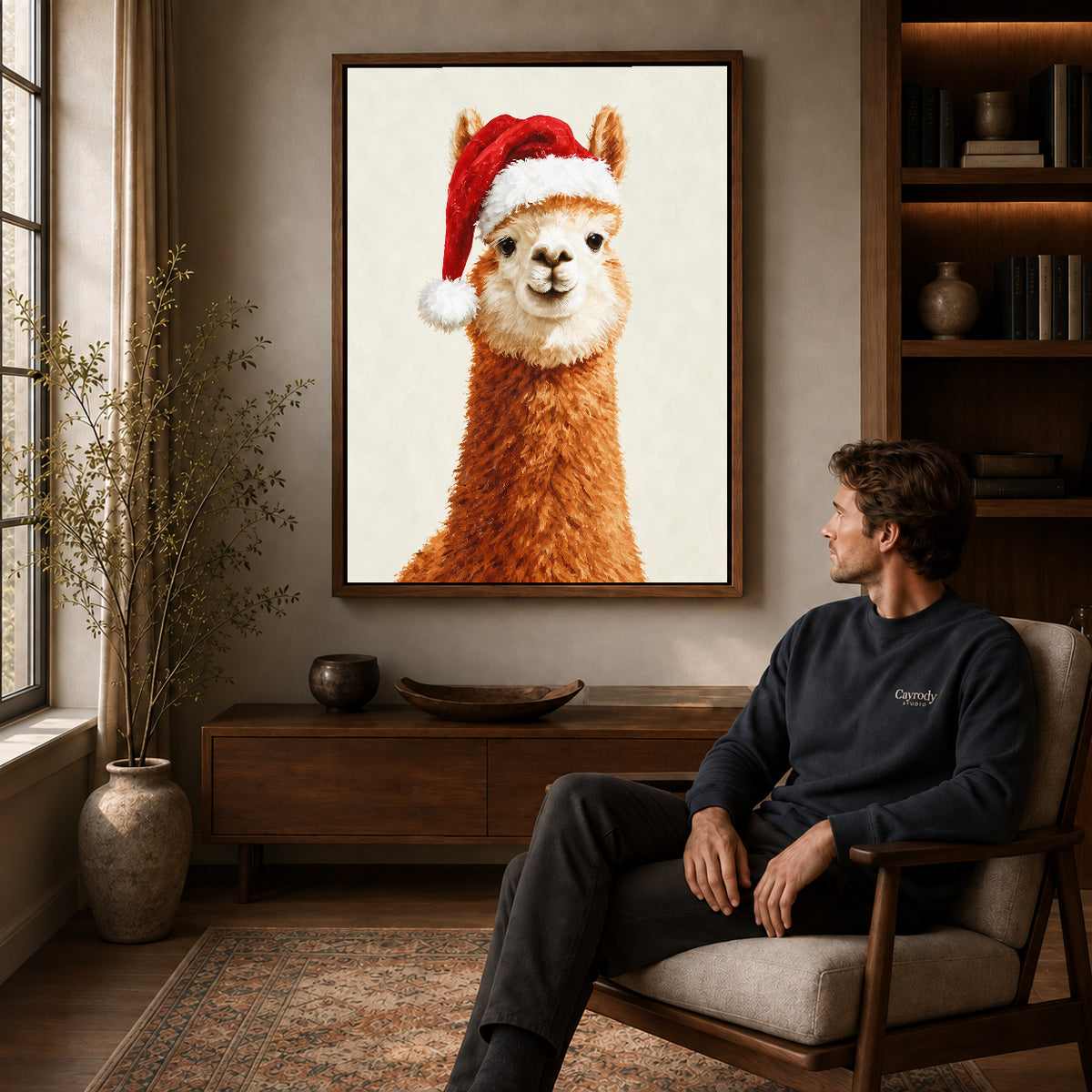 Walnut framed santa alpaca portrait artwork above a seated man in a wood furnished living room.