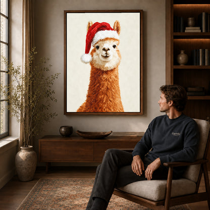 Walnut framed santa alpaca portrait artwork above a seated man in a wood furnished living room.