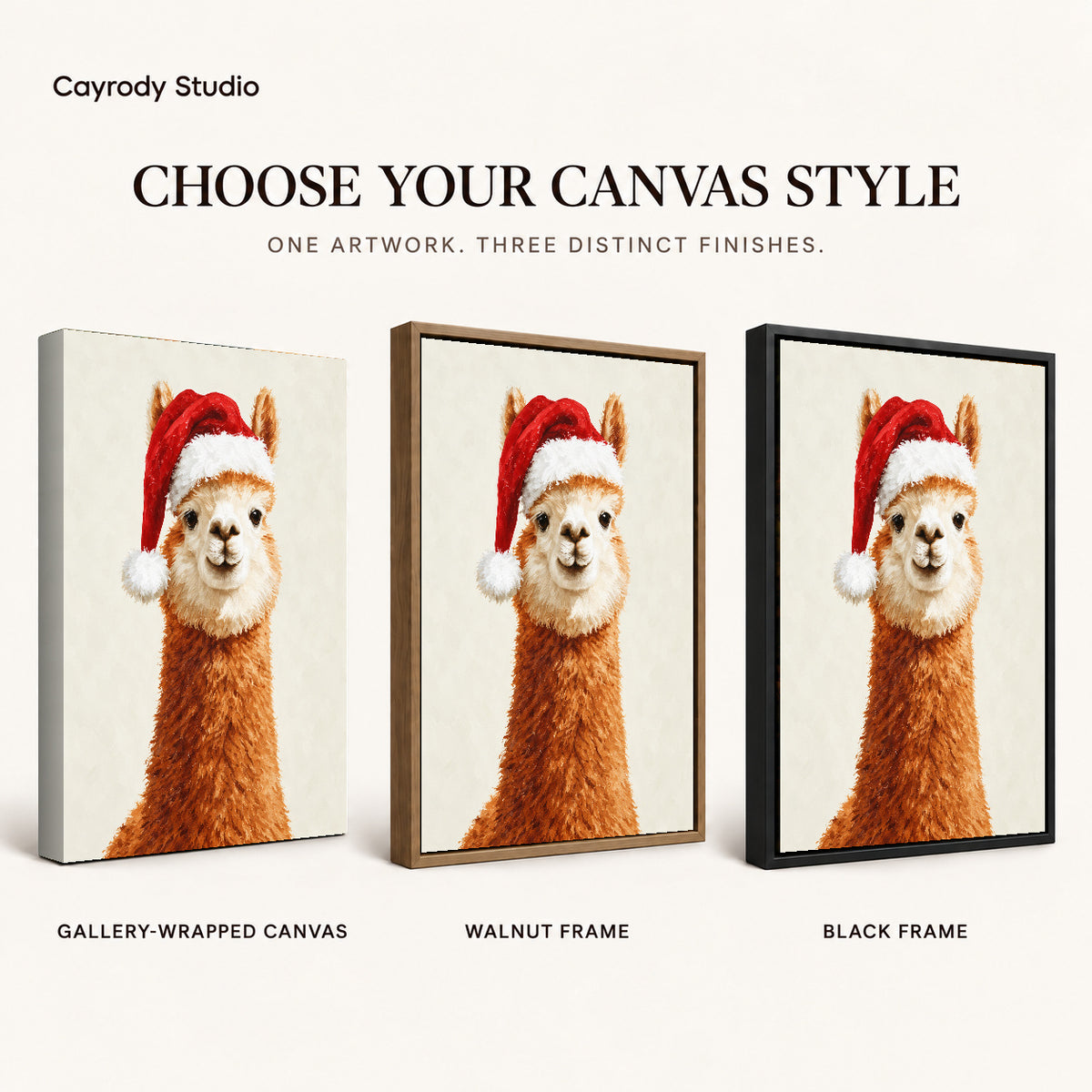 Santa Alpaca Portrait artwork finish chart showing gallery wrapped canvas, walnut frame, and black frame options.