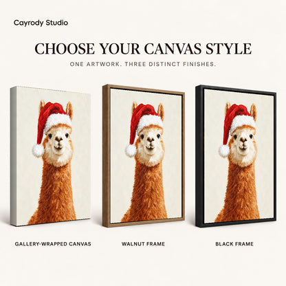 Santa Alpaca Portrait artwork finish chart showing gallery wrapped canvas, walnut frame, and black frame options.
