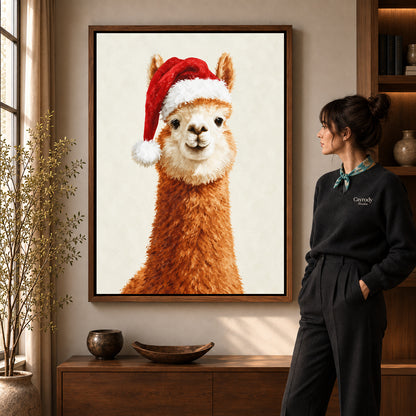 Walnut framed santa alpaca portrait artwork scene assigned to all six walnut framed canvas sizes.