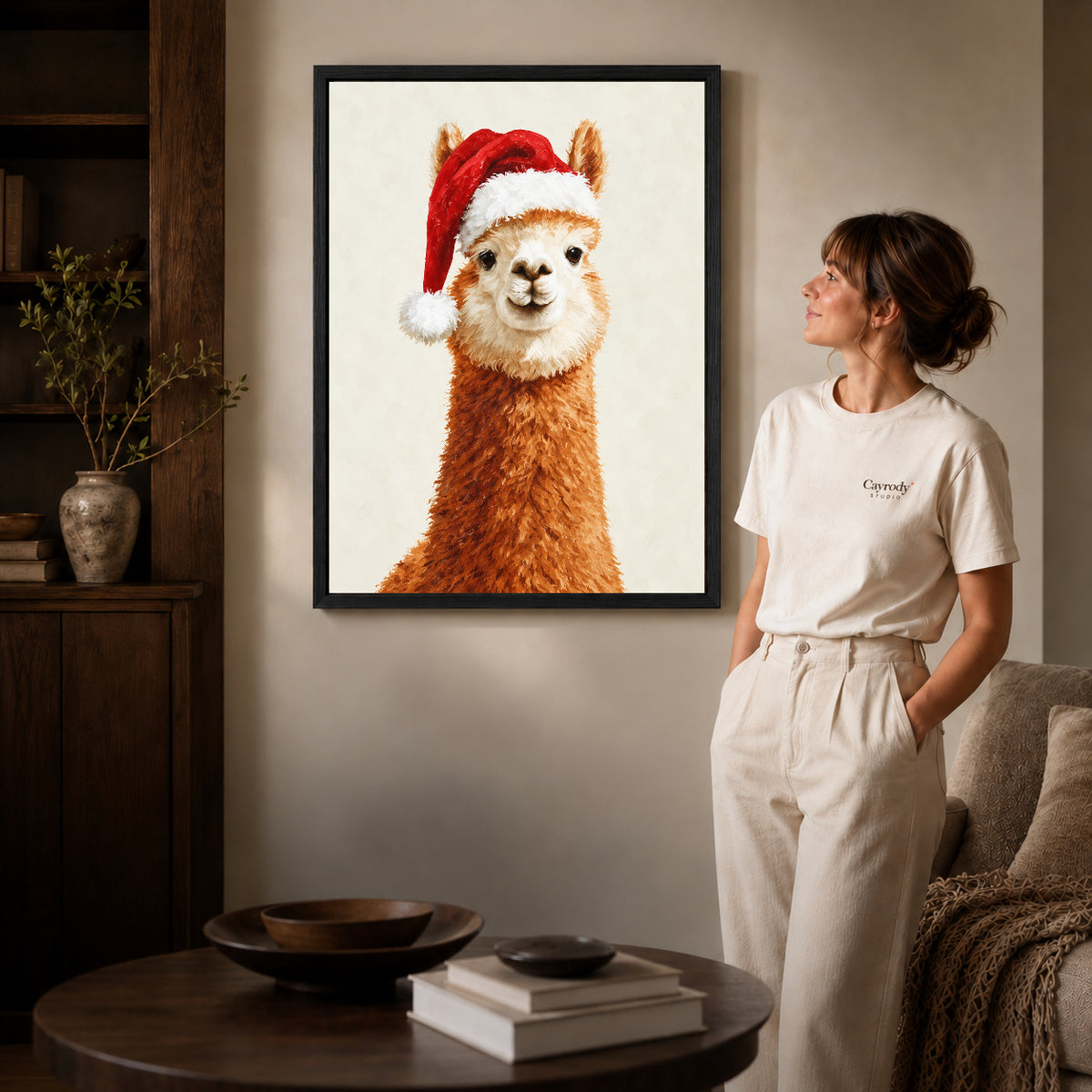 Black framed santa alpaca portrait artwork scene assigned to all six black framed canvas sizes.
