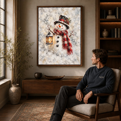 Walnut framed lantern snowman artwork above a seated man in a wood furnished living room.