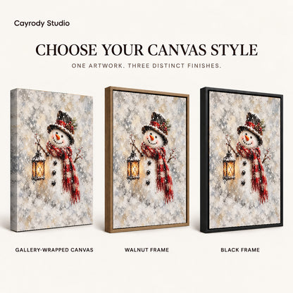 Lantern Snowman artwork finish chart showing gallery wrapped canvas, walnut frame, and black frame options.