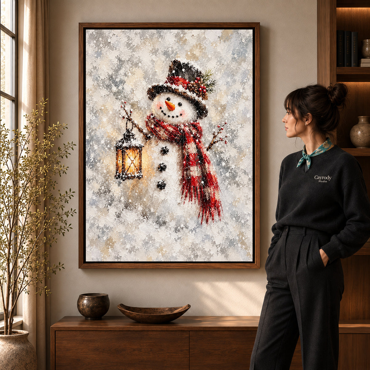 Walnut framed lantern snowman artwork scene assigned to all six walnut framed canvas sizes.