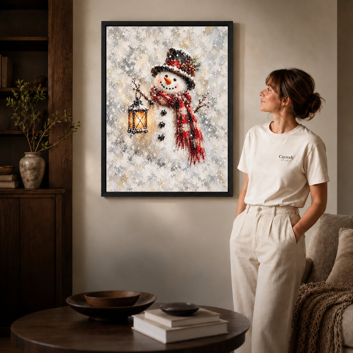 Black framed lantern snowman artwork scene assigned to all six black framed canvas sizes.