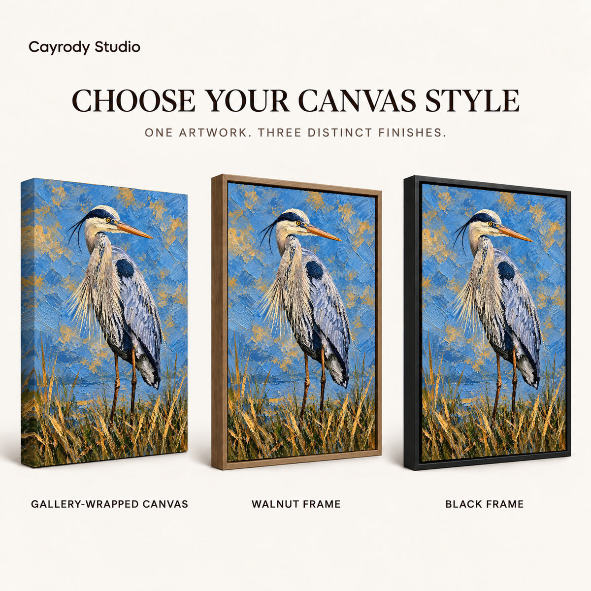 Blue Heron Portrait artwork finish chart showing gallery wrapped canvas, walnut frame, and black frame options.
