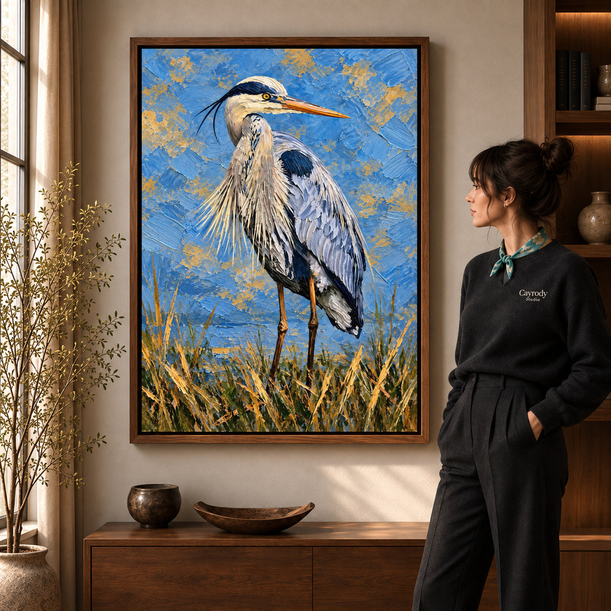 Walnut framed blue heron portrait artwork scene assigned to all six walnut framed canvas sizes.