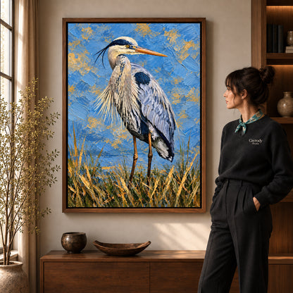 Walnut framed blue heron portrait artwork scene assigned to all six walnut framed canvas sizes.