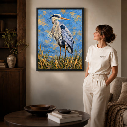 Black framed blue heron portrait artwork scene assigned to all six black framed canvas sizes.