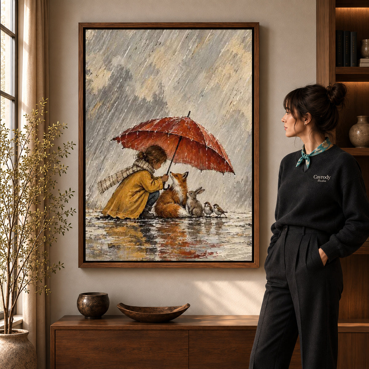 Rainy Woodland Shelter artwork in a walnut frame beside a standing woman in a warm room.