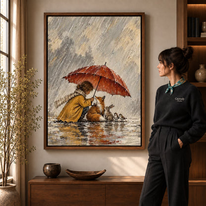 Rainy Woodland Shelter artwork in a walnut frame beside a standing woman in a warm room.