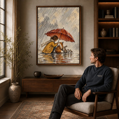Walnut framed rainy woodland shelter artwork above a seated man in a wood furnished living room.