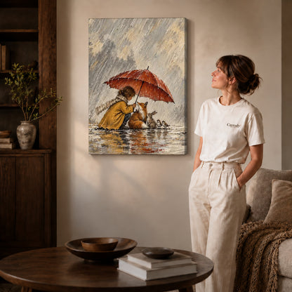 Gallery wrapped rainy woodland shelter artwork with shaded canvas edges beside a woman wearing cream clothing.