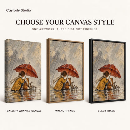 Rainy Woodland Shelter artwork finish chart showing gallery wrapped canvas, walnut frame, and black frame options.