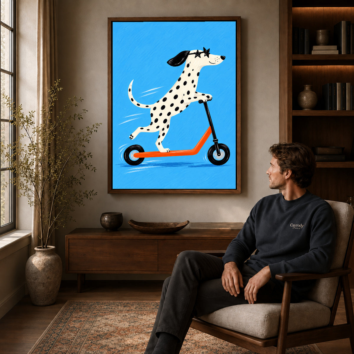 Walnut framed scooter dalmatian artwork above a seated man in a wood furnished living room.