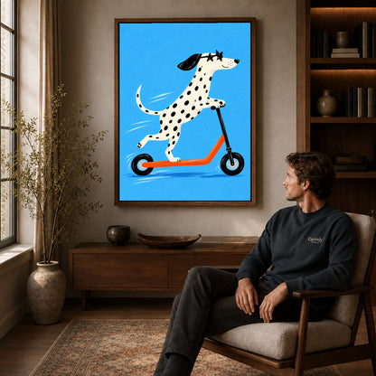 Walnut framed scooter dalmatian artwork above a seated man in a wood furnished living room.