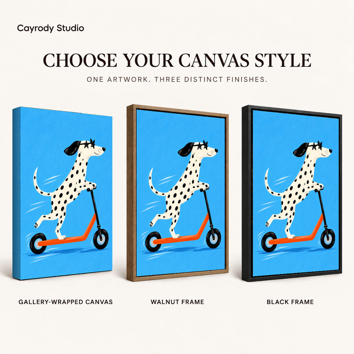 Scooter Dalmatian artwork finish chart showing gallery wrapped canvas, walnut frame, and black frame options.