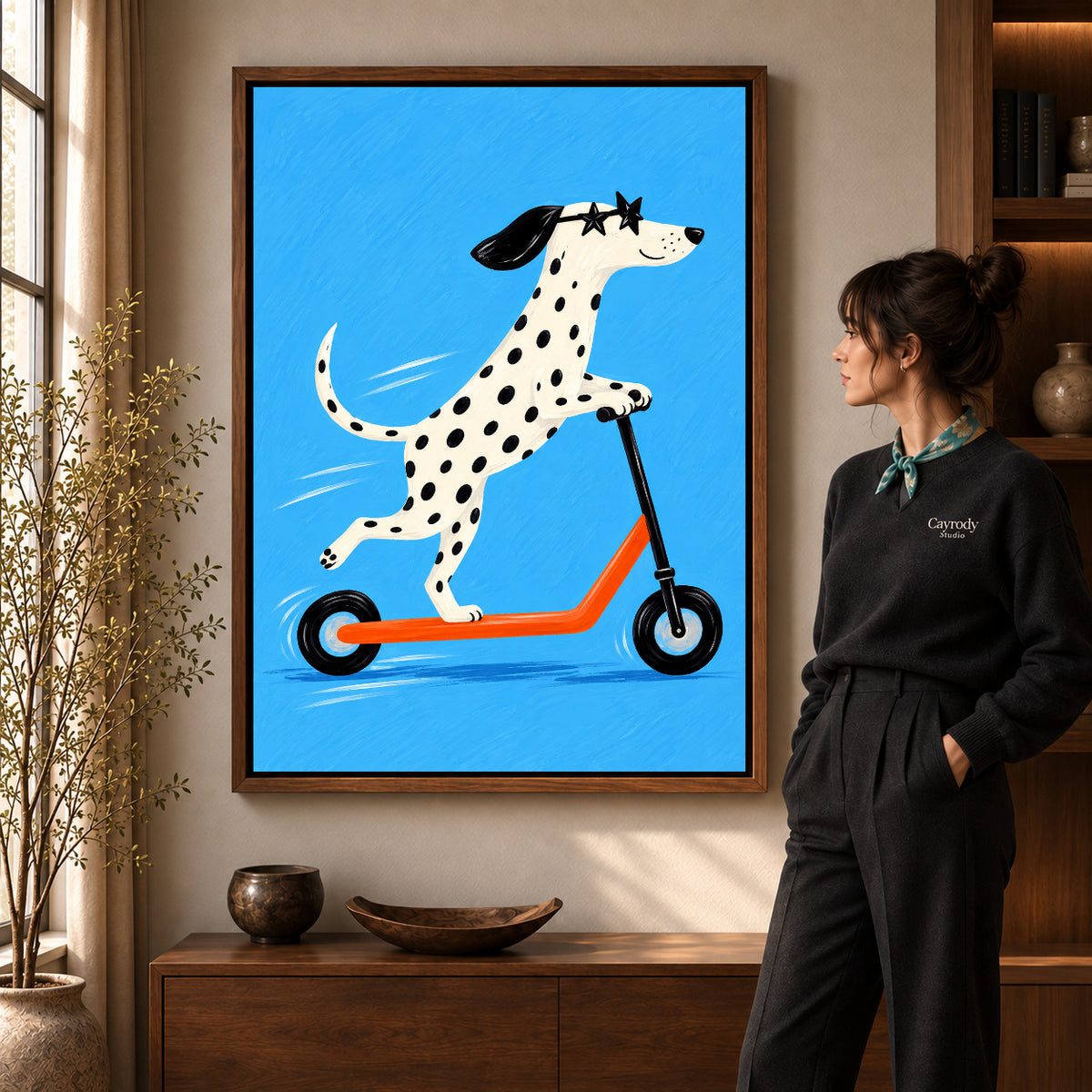 Walnut framed scooter dalmatian artwork scene assigned to all six walnut framed canvas sizes.
