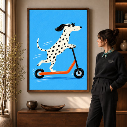 Walnut framed scooter dalmatian artwork scene assigned to all six walnut framed canvas sizes.
