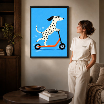 Black framed scooter dalmatian artwork scene assigned to all six black framed canvas sizes.