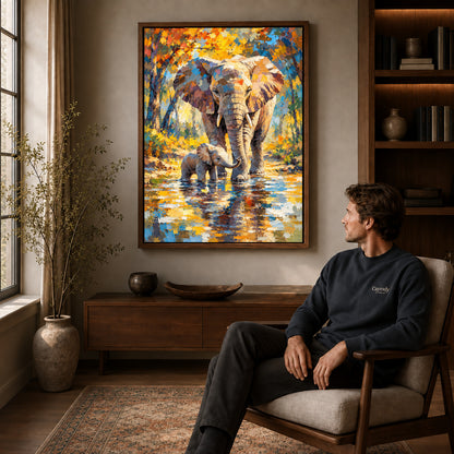 Walnut framed elephant family river artwork above a seated man in a wood furnished living room.