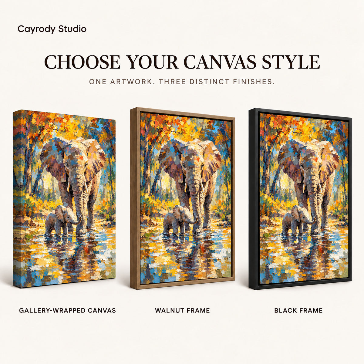 Elephant Family River artwork finish chart showing gallery wrapped canvas, walnut frame, and black frame options.
