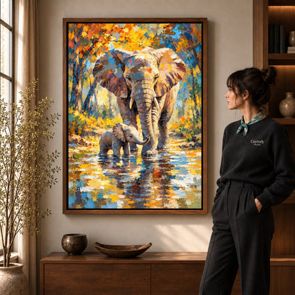 Walnut framed elephant family river artwork scene assigned to all six walnut framed canvas sizes.
