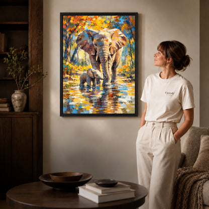 Black framed elephant family river artwork scene assigned to all six black framed canvas sizes.