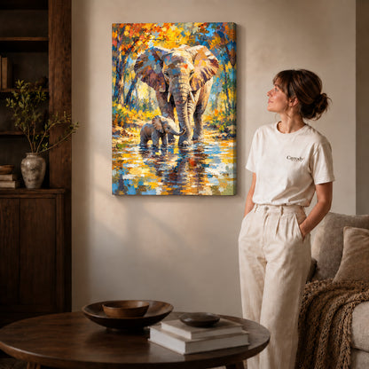 Gallery wrapped elephant family river artwork scene assigned to all six unframed wrapped canvas sizes.