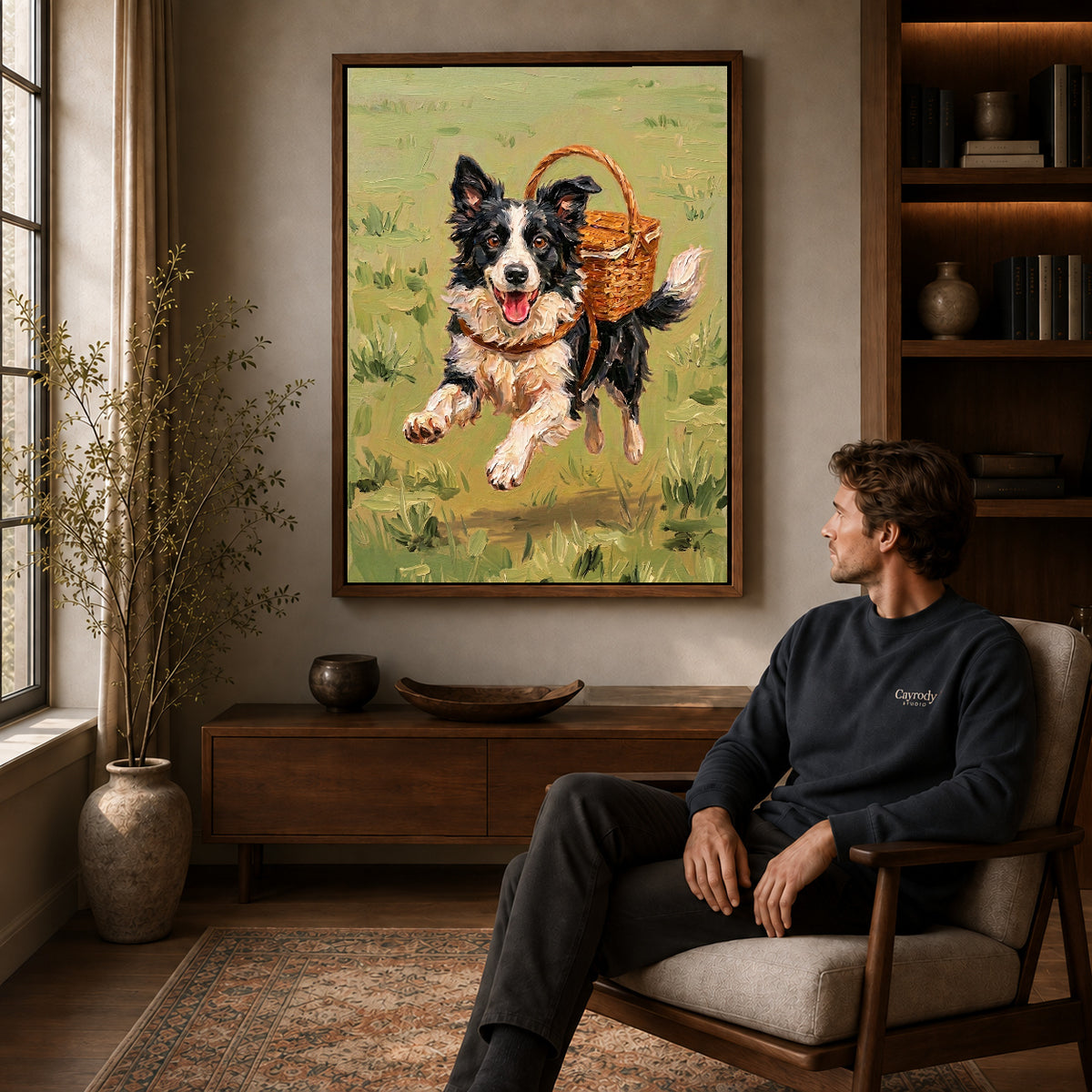 Walnut framed basket carrying collie artwork above a seated man in a wood furnished living room.