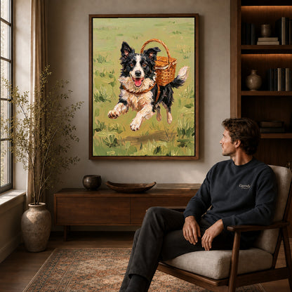 Walnut framed basket carrying collie artwork above a seated man in a wood furnished living room.