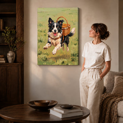 Gallery wrapped basket carrying collie artwork with shaded canvas edges beside a woman wearing cream clothing.