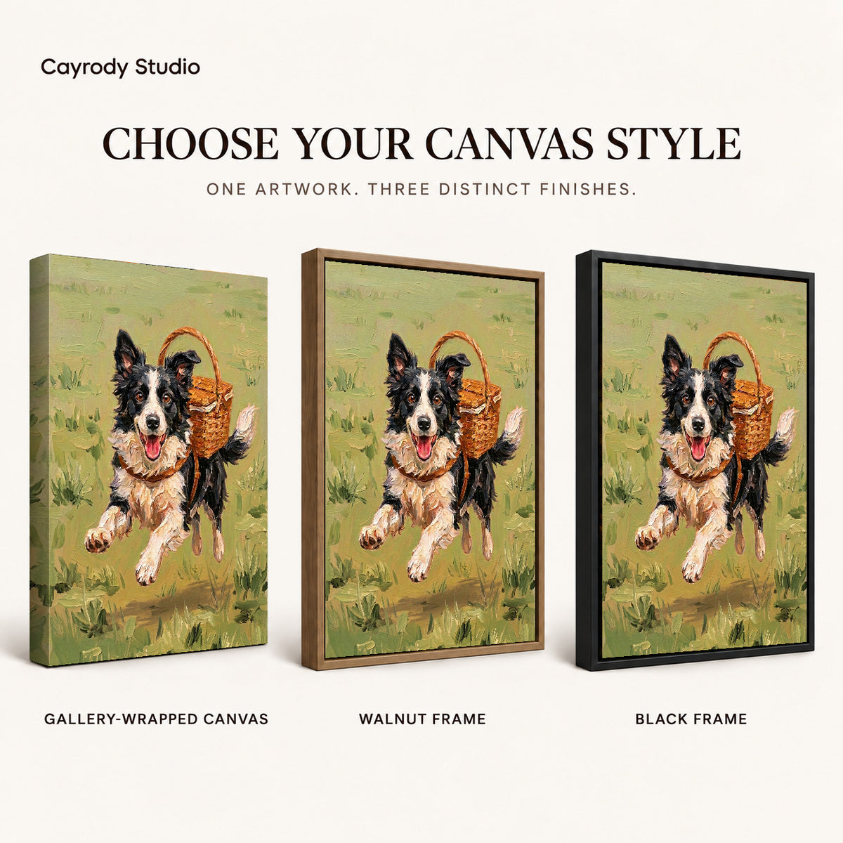 Basket Carrying Collie artwork finish chart showing gallery wrapped canvas, walnut frame, and black frame options.