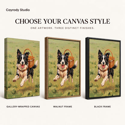 Basket Carrying Collie artwork finish chart showing gallery wrapped canvas, walnut frame, and black frame options.