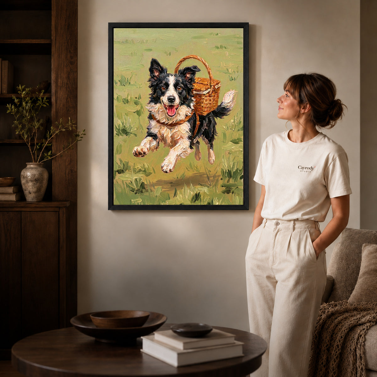 Black framed basket carrying collie artwork scene assigned to all six black framed canvas sizes.