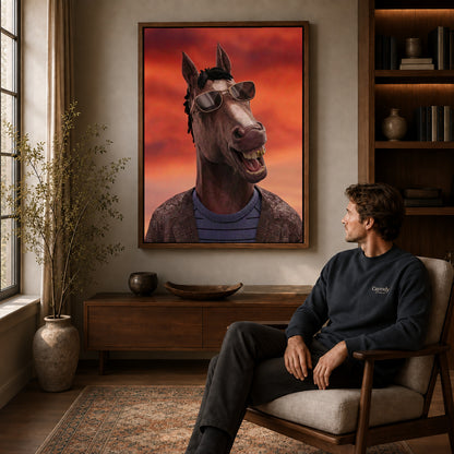 Walnut framed smiling shades horse artwork above a seated man in a wood furnished living room.