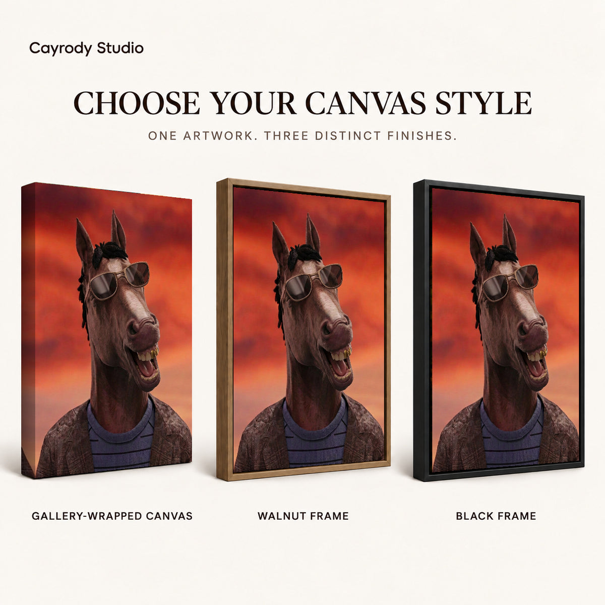 Smiling Shades Horse artwork finish chart showing gallery wrapped canvas, walnut frame, and black frame options.