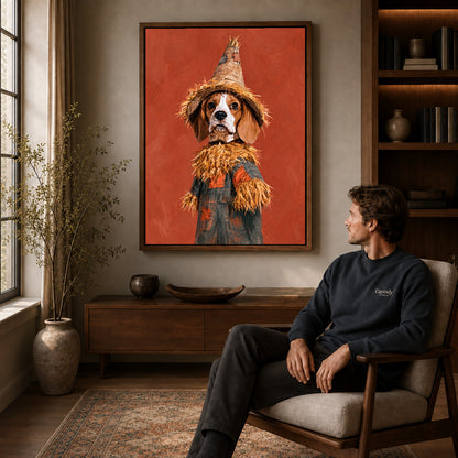 Walnut framed scarecrow spaniel artwork above a seated man in a wood furnished living room.
