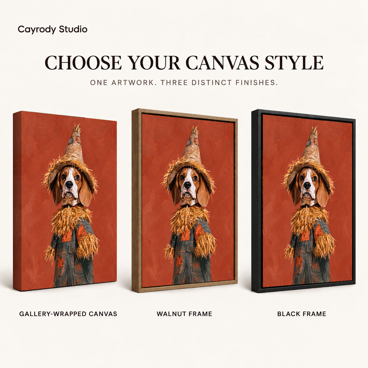 Scarecrow Spaniel artwork finish chart showing gallery wrapped canvas, walnut frame, and black frame options.