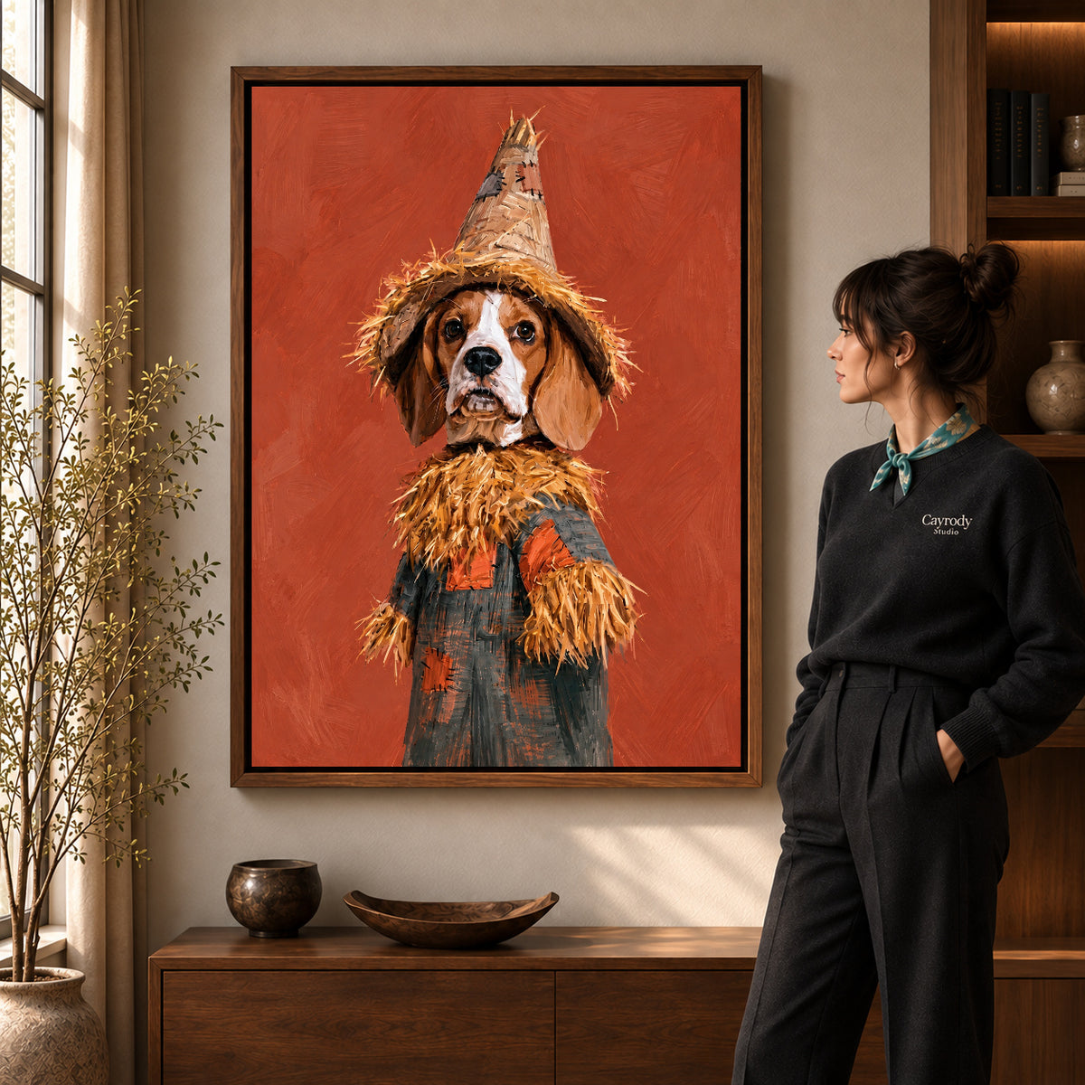 Walnut framed scarecrow spaniel artwork scene assigned to all six walnut framed canvas sizes.