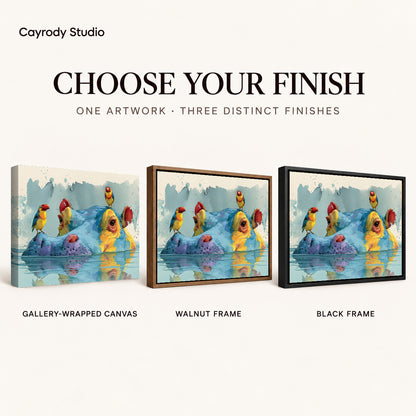 Hippo Bird Friends artwork finish chart showing gallery wrapped canvas, walnut frame, and black frame options.