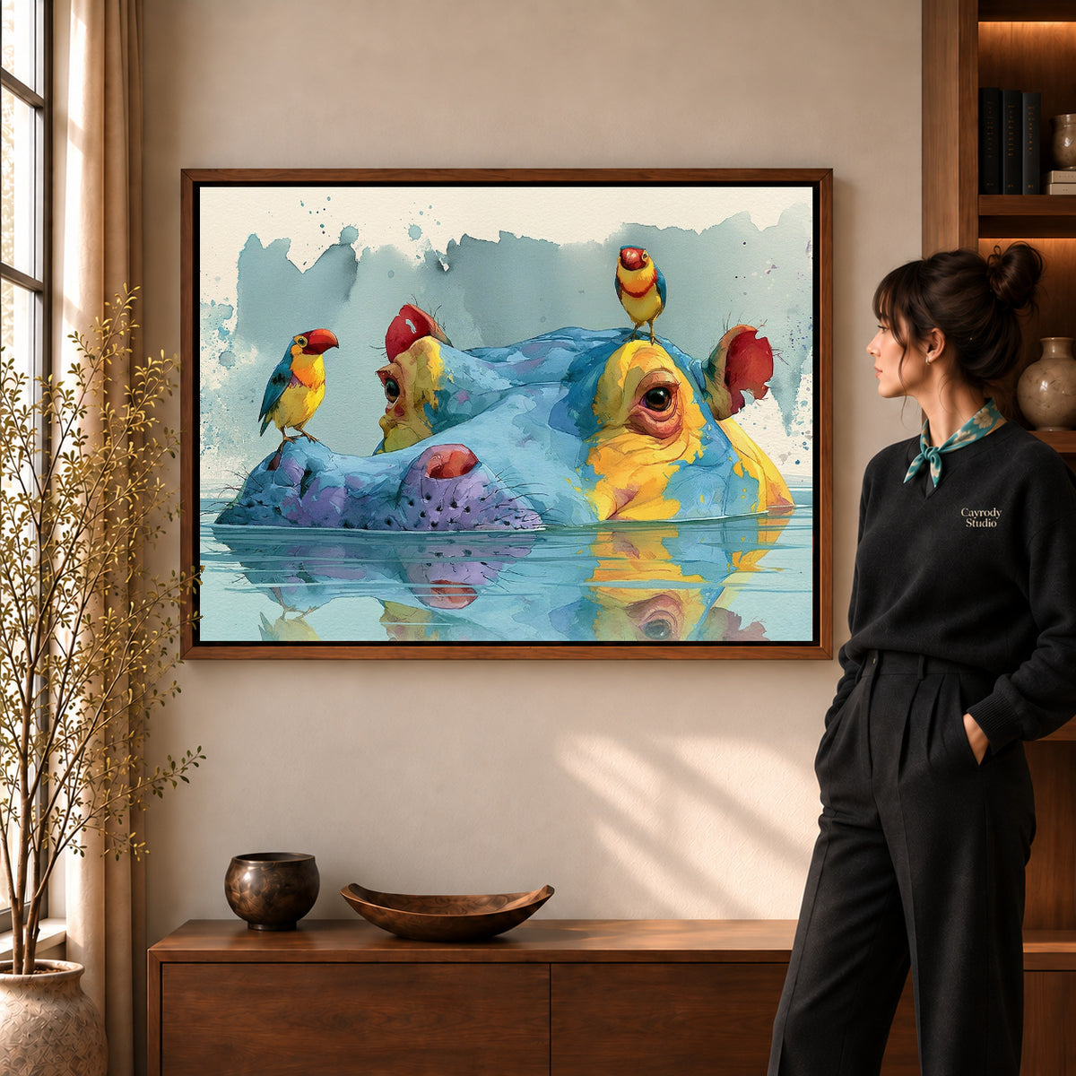 Walnut framed hippo bird friends artwork scene assigned to all six walnut framed canvas sizes.
