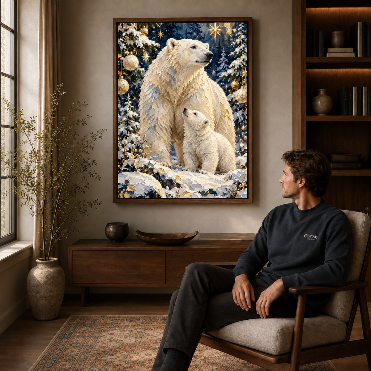 Walnut framed festive polar bear family artwork above a seated man in a wood furnished living room.