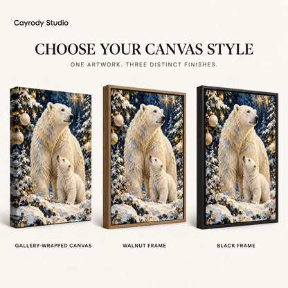 Festive Polar Bear Family artwork finish chart showing gallery wrapped canvas, walnut frame, and black frame options.