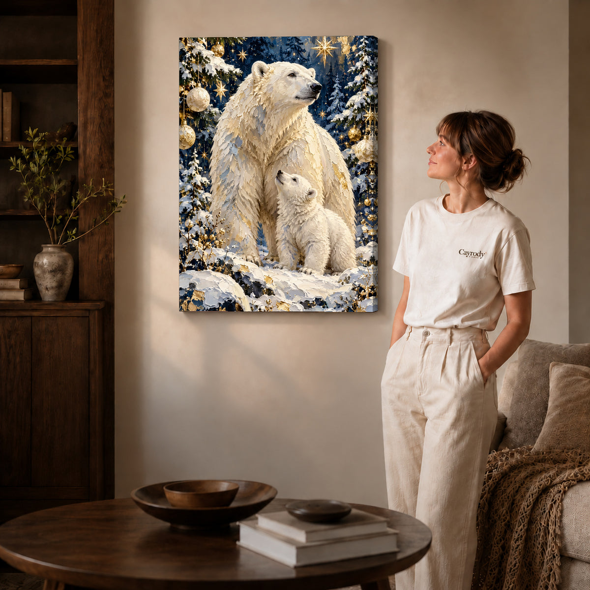Gallery wrapped festive polar bear family artwork scene assigned to all six unframed wrapped canvas sizes.