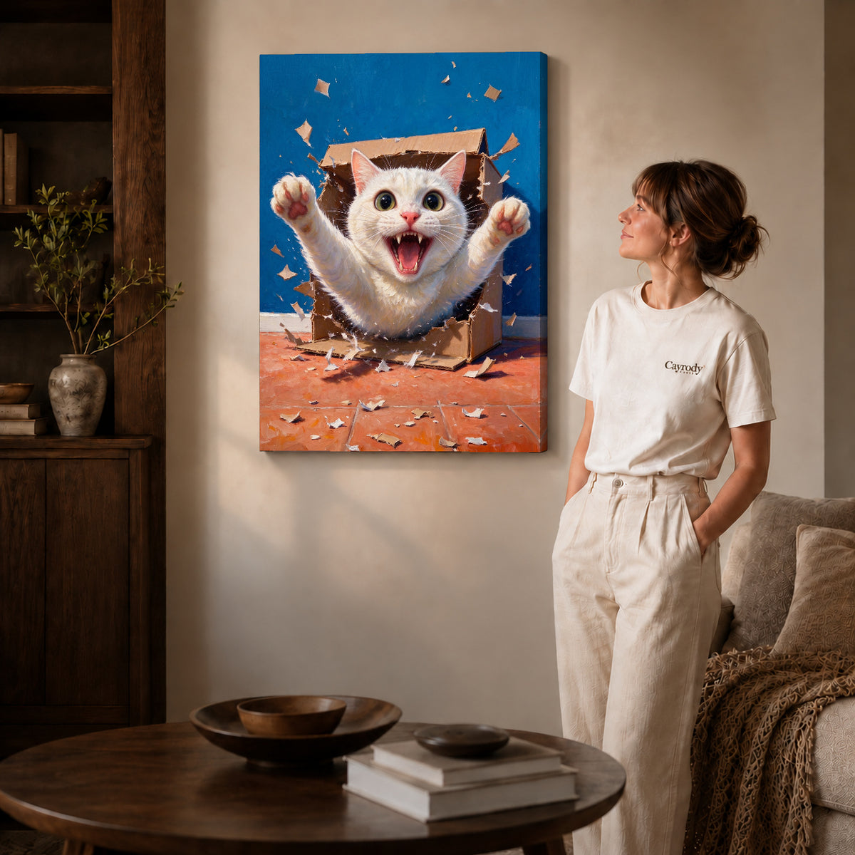 Gallery wrapped surprise box kitten artwork with shaded canvas edges beside a woman wearing cream clothing.