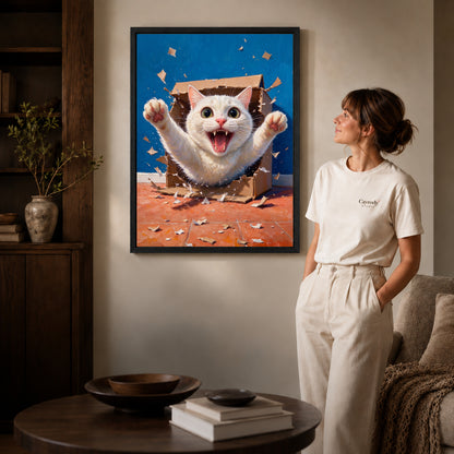 Black framed surprise box kitten artwork beside a woman in a warm neutral living room.